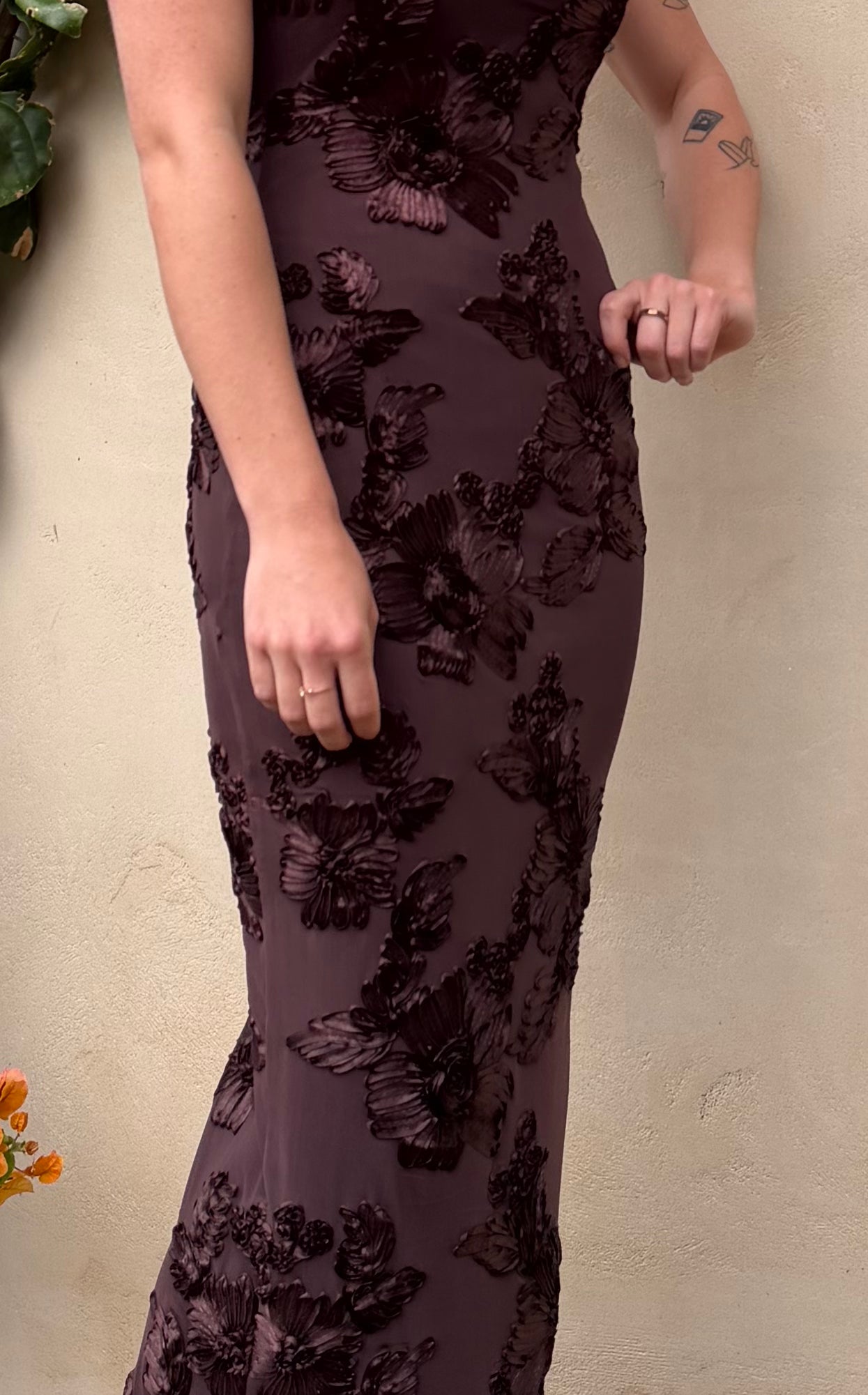 Chocolate Mesh Floral Maxi Dress