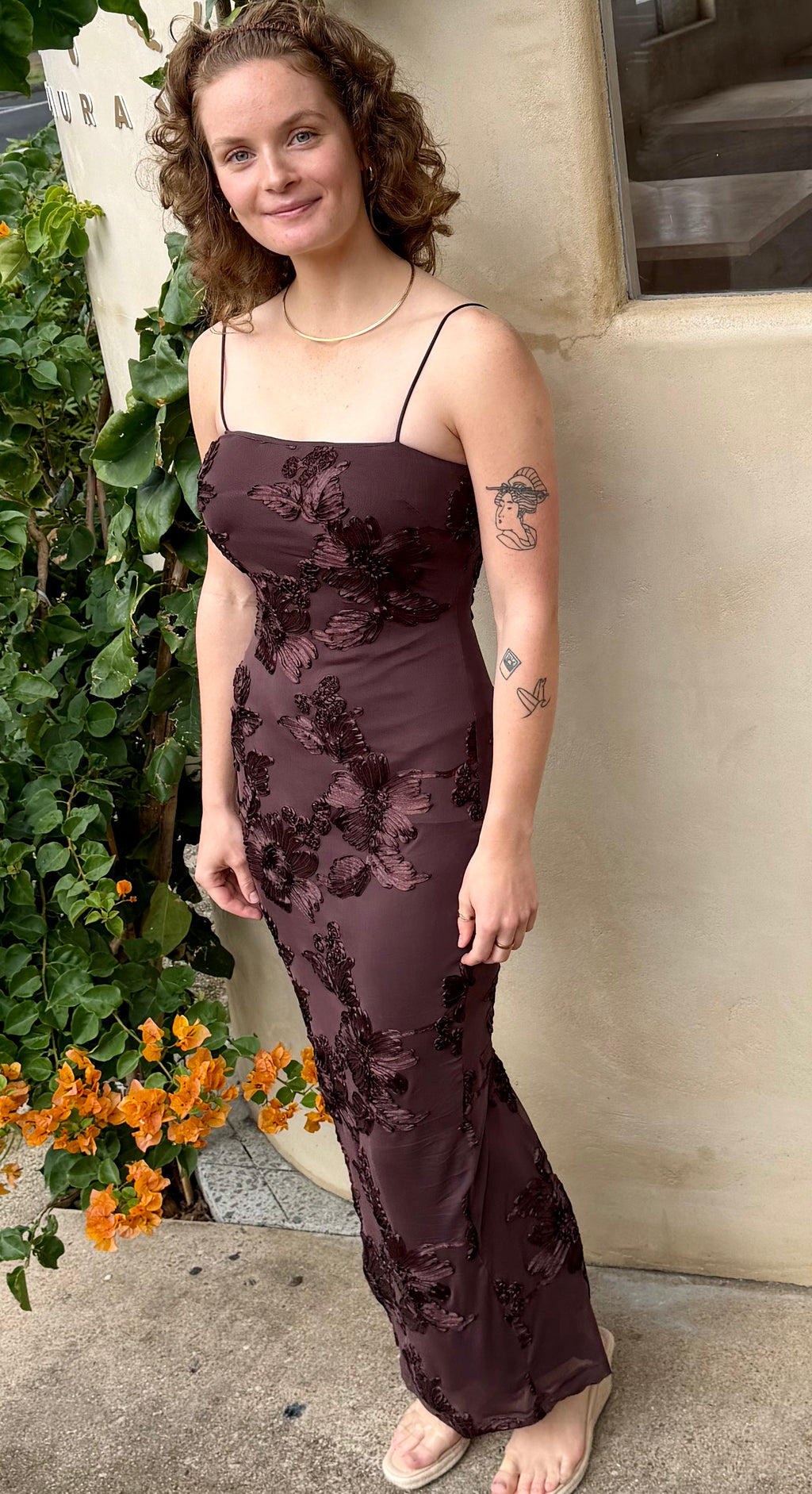 Chocolate Mesh Floral Maxi Dress