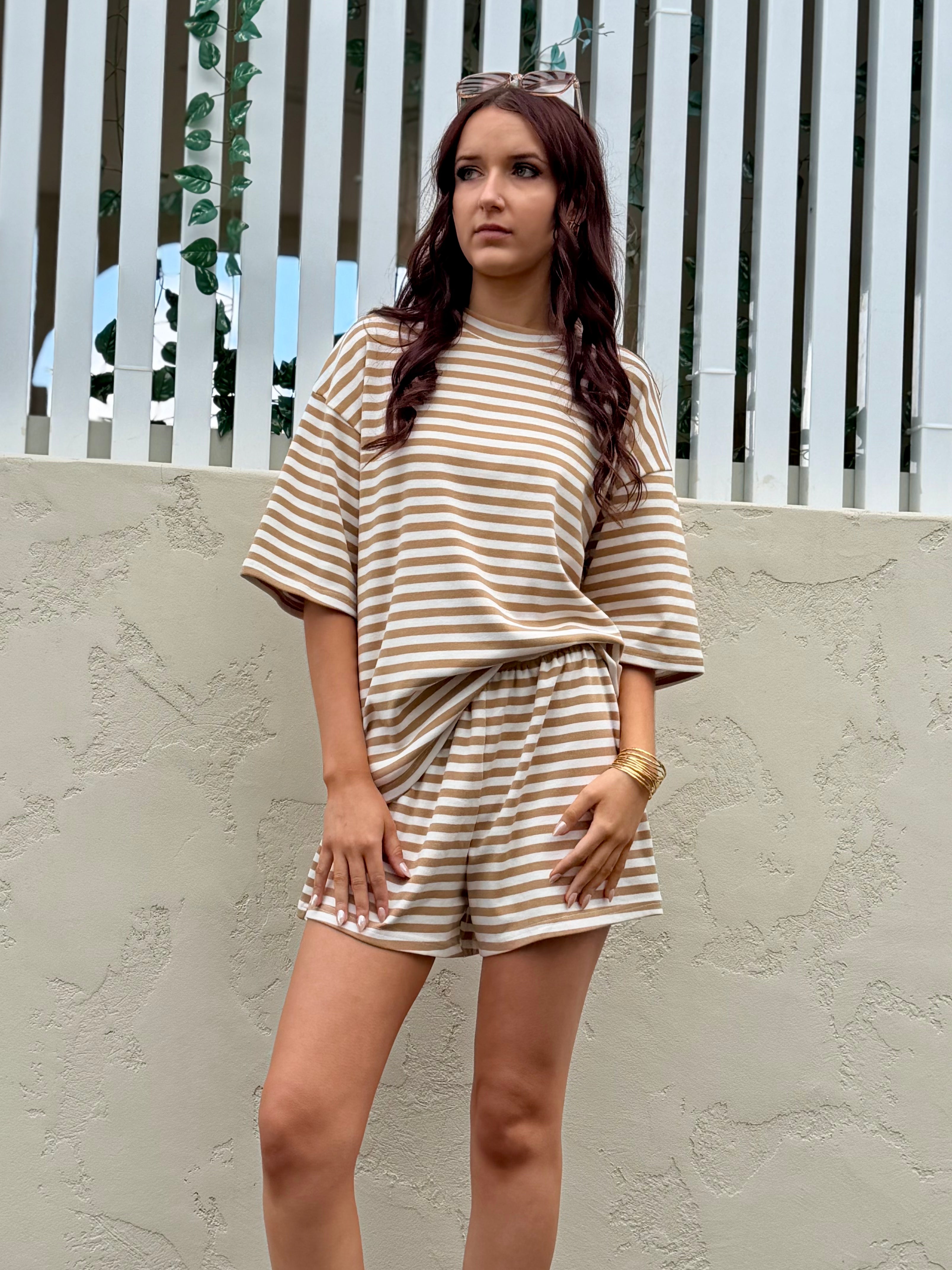 The Byron Beige & White Striped Tee