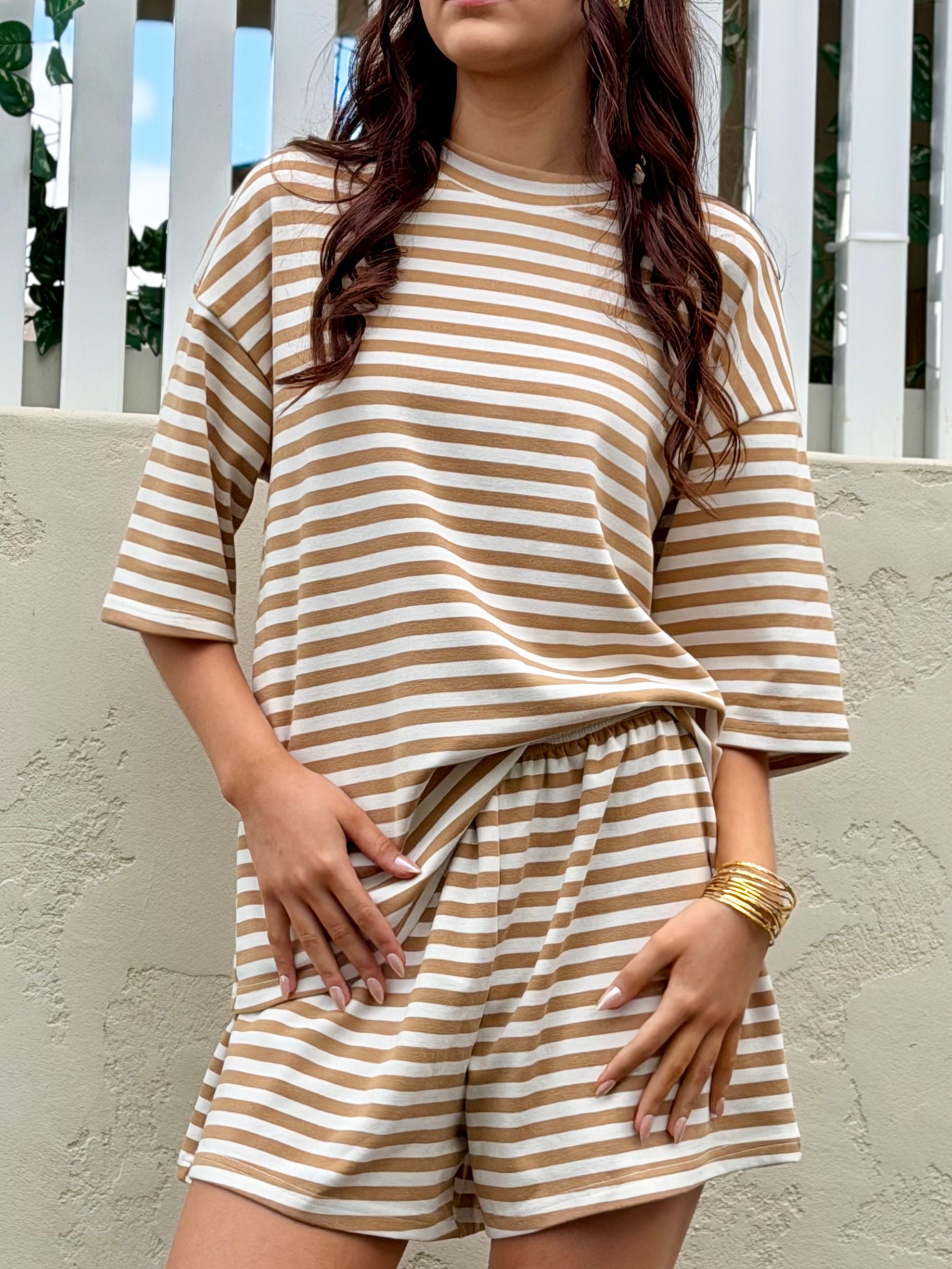The Byron Beige & White Striped Shorts