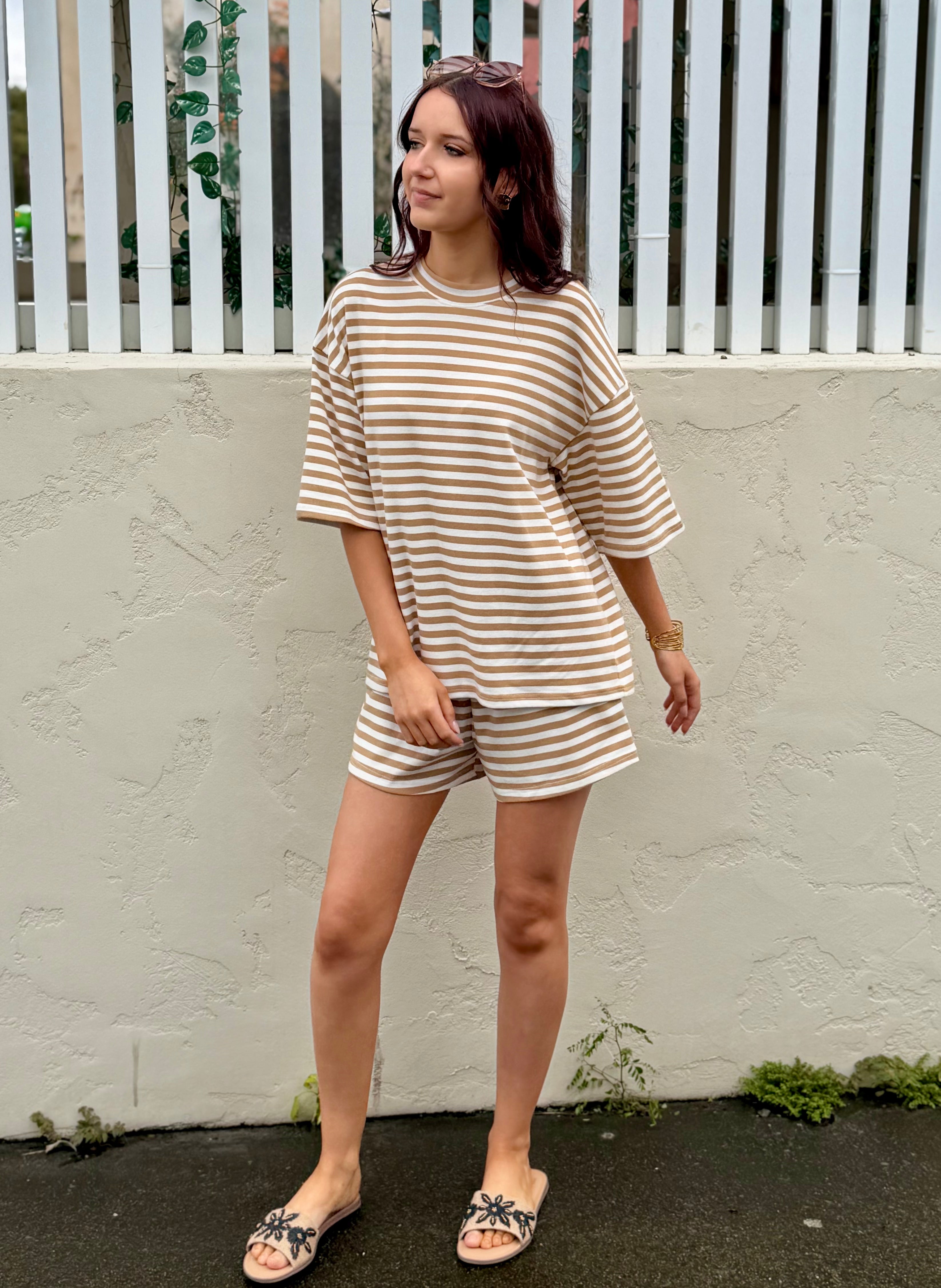 The Byron Beige & White Striped Tee