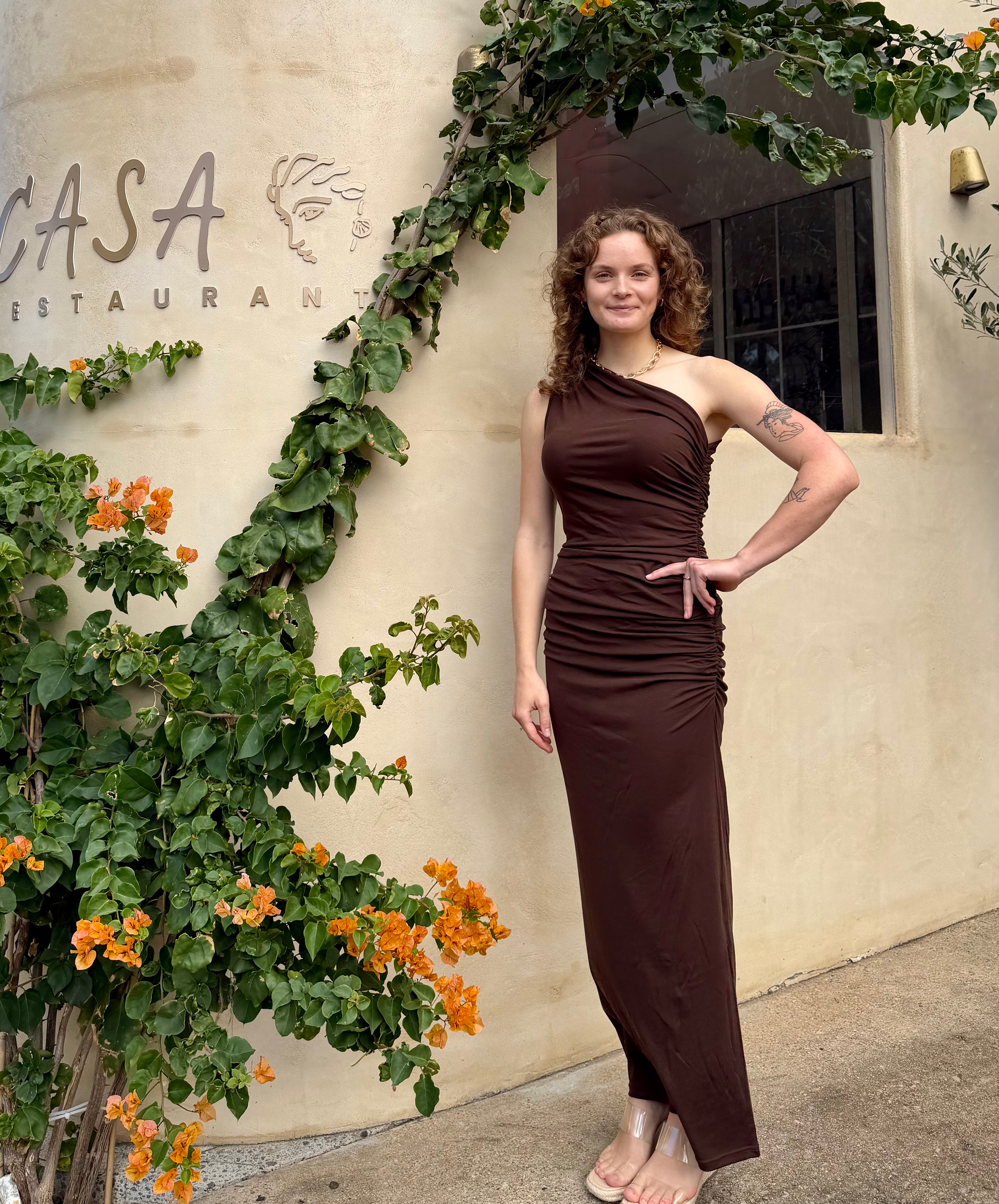The Kirsty One Shoulder Ruched Maxi Dress - Chocolate