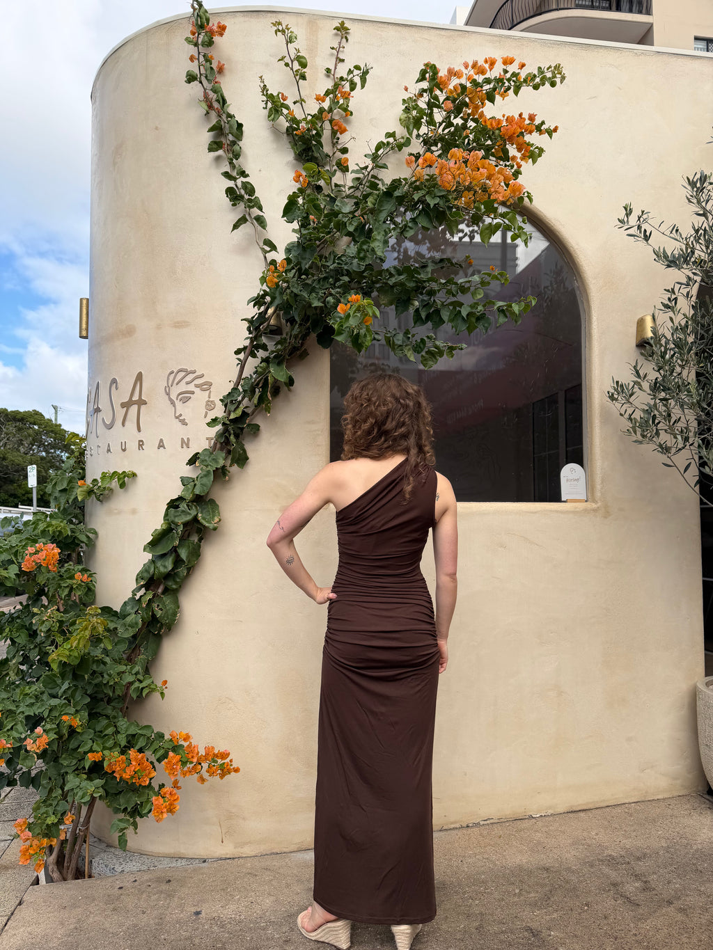 The Kirsty One Shoulder Ruched Maxi Dress - Chocolate
