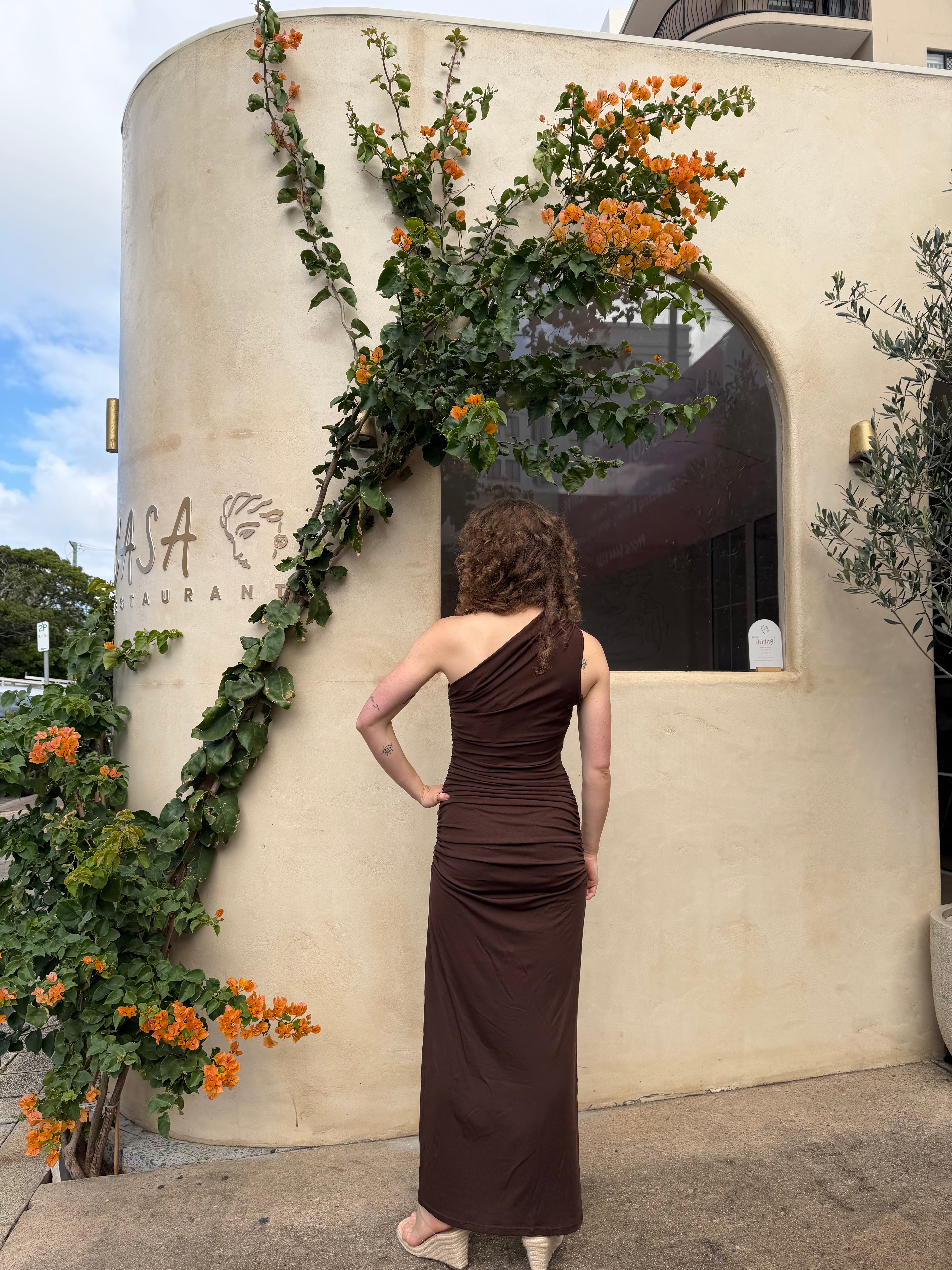 The Kirsty One Shoulder Ruched Maxi Dress - Chocolate