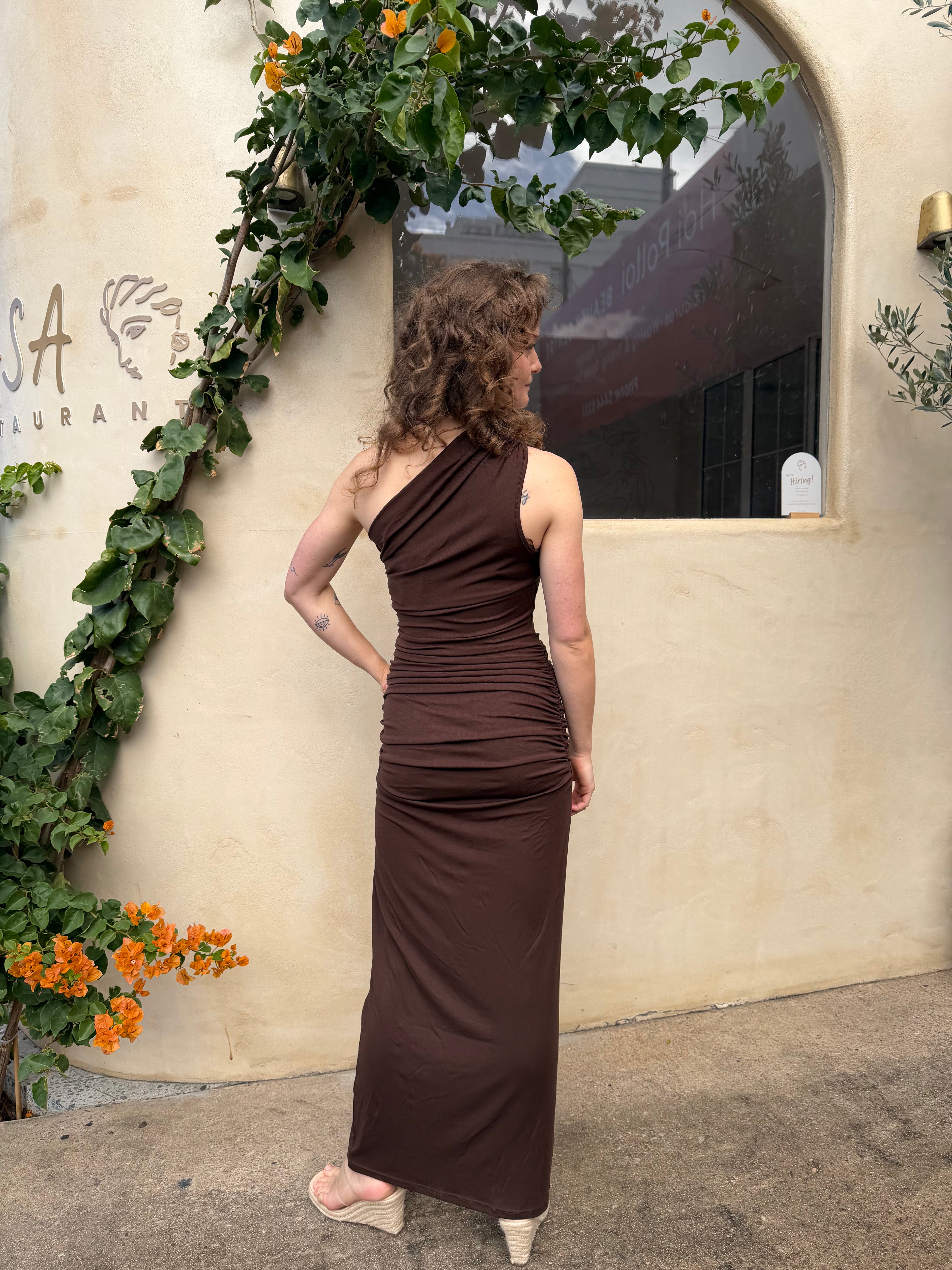The Kirsty One Shoulder Ruched Maxi Dress - Chocolate