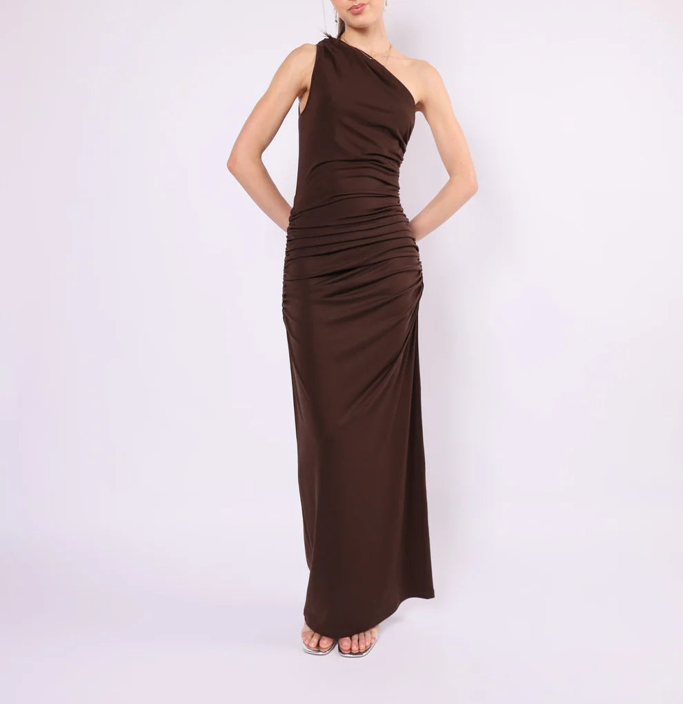 The Kirsty One Shoulder Ruched Maxi Dress - Chocolate