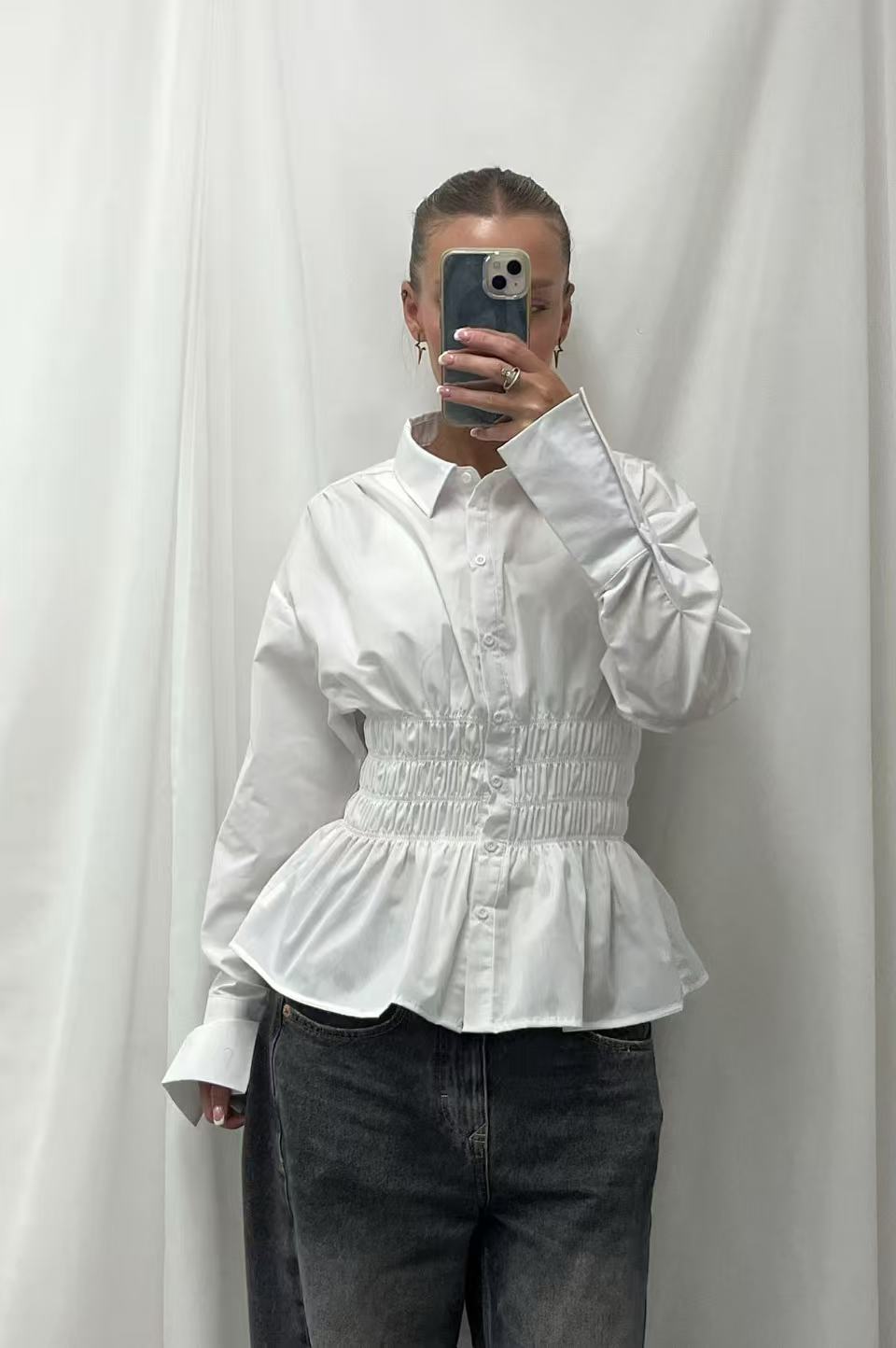White cinch waist blouse