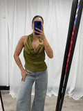 Olive satin draped halter top