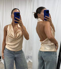 Champagne satin draped halter top