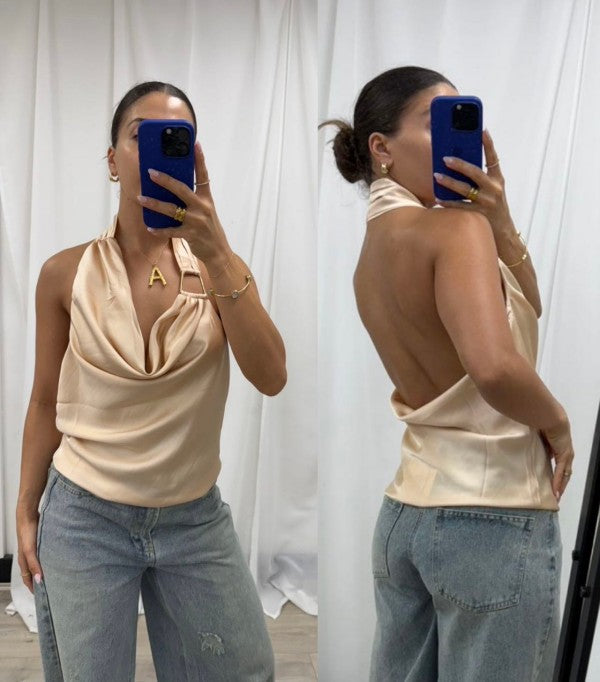 Champagne satin draped halter top