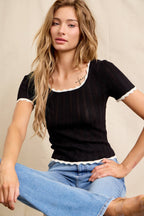 Pointelle Contrast Trim Top – Black + Off White