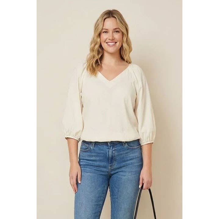 The Jessy Elastic Puff Sleeve V-neck Blouse - Pale Banana