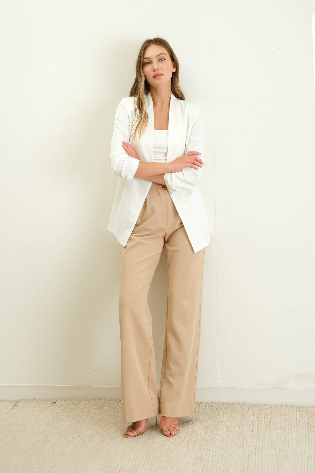 The Ashley Collarless 3/4 Ruched Sleeve Longline Blazer