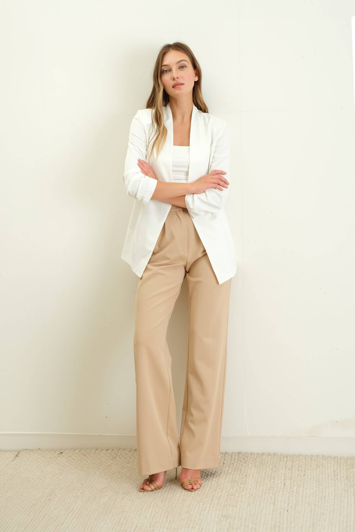 The Ashley Collarless 3/4 Ruched Sleeve Longline Blazer