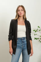 The Bailey Collarless 3/4 Ruched Sleeve Longline Blazer