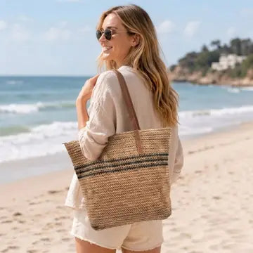 Woven Shoulder Tote Bag - Camel