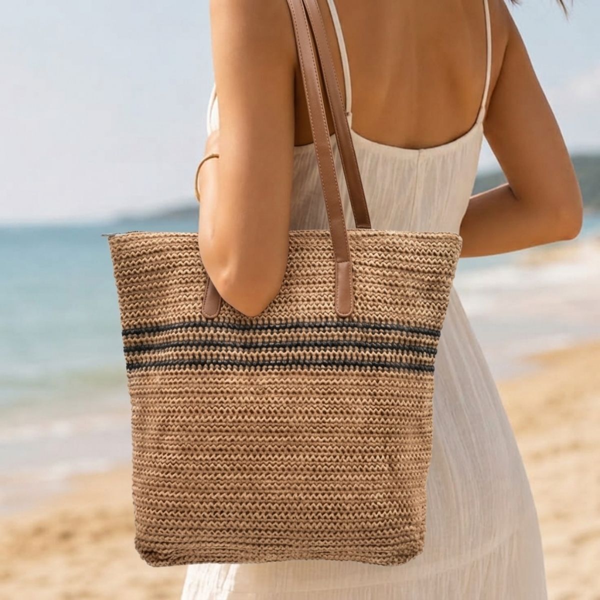 Woven Shoulder Tote Bag - Camel