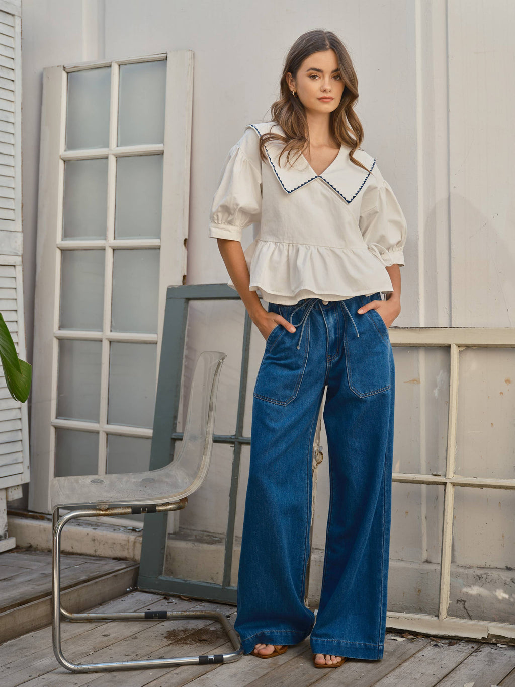 Soft Denim Drawstring Straight Leg Pants