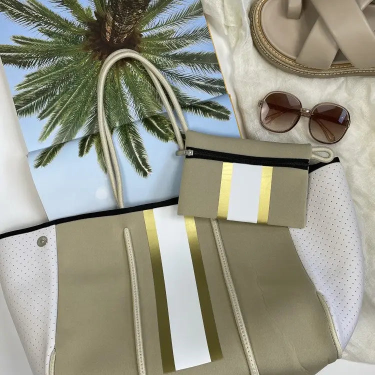 The Anywhere Tote Neoprene Bag - 2 Piece Set - Beige & Gold