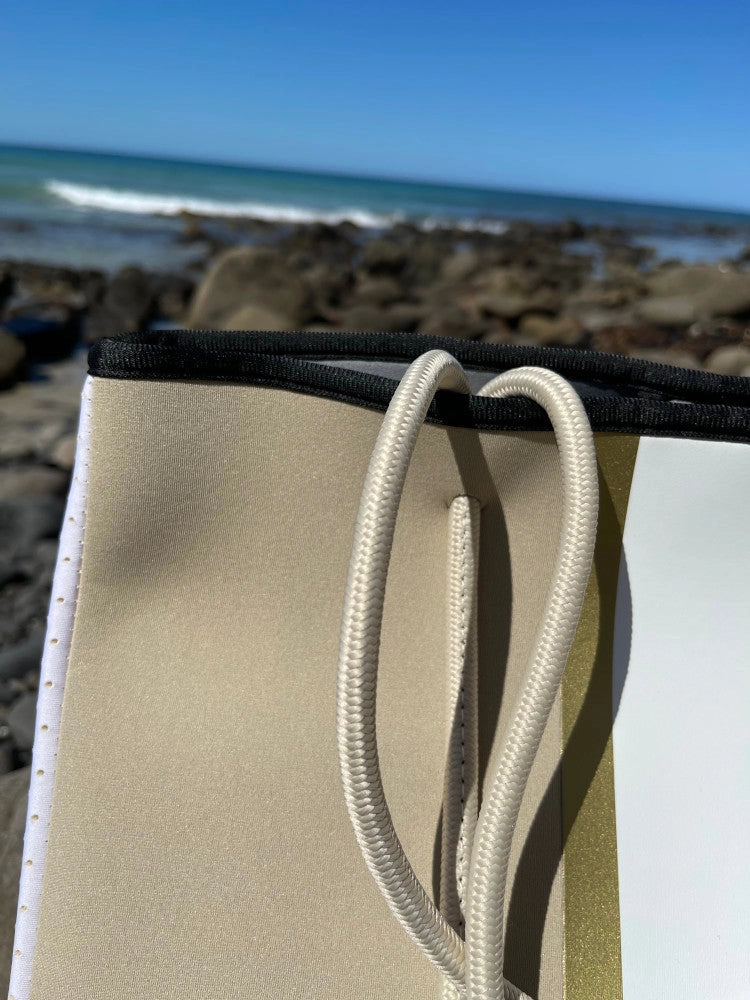 The Anywhere Tote Neoprene Bag - 2 Piece Set - Beige & Gold