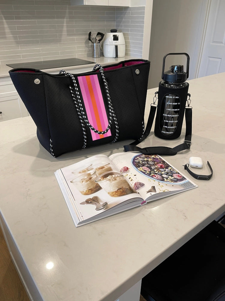 The Anywhere Tote Neoprene Bag - 2 Piece Set - Black & Pink