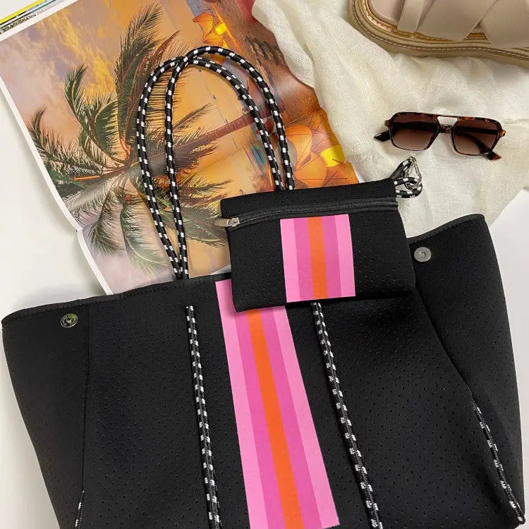 The Anywhere Tote Neoprene Bag - 2 Piece Set - Black & Pink