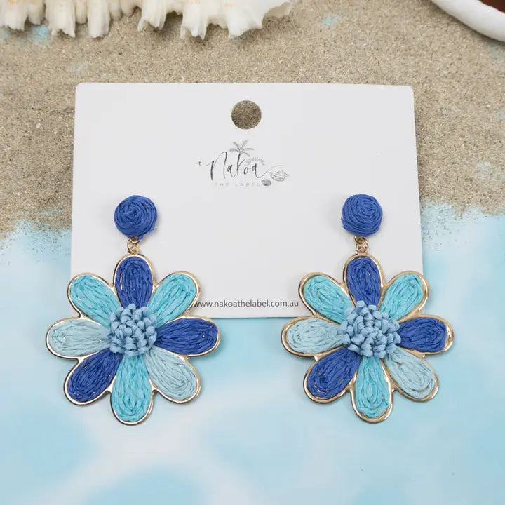 Daisy Delight Raffia Earrings - Blue
