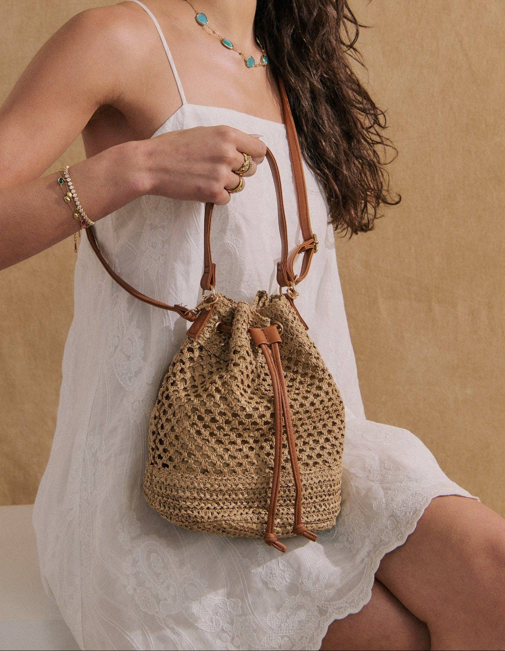 Paige Multiway Straw Bucket Bag in Tan