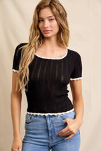 Pointelle Contrast Trim Top – Black + Off White