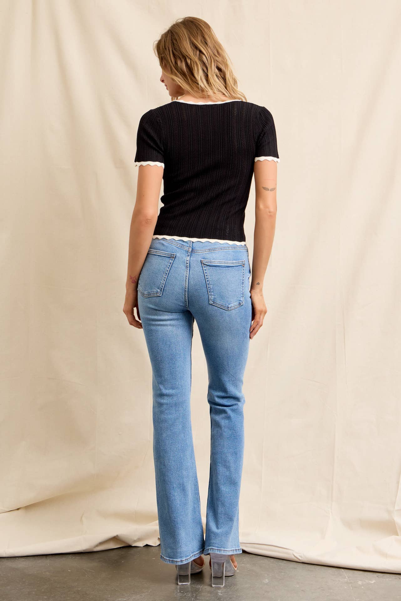 Pointelle Contrast Trim Top – Black + Off White