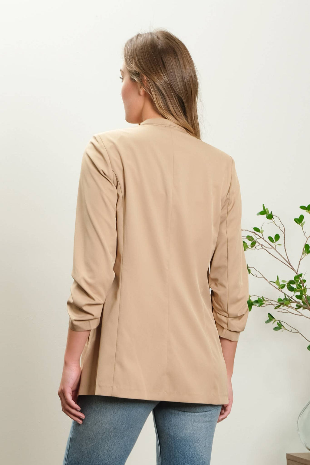 The Carley Collarless 3/4 Ruched Sleeve Longline Blazer