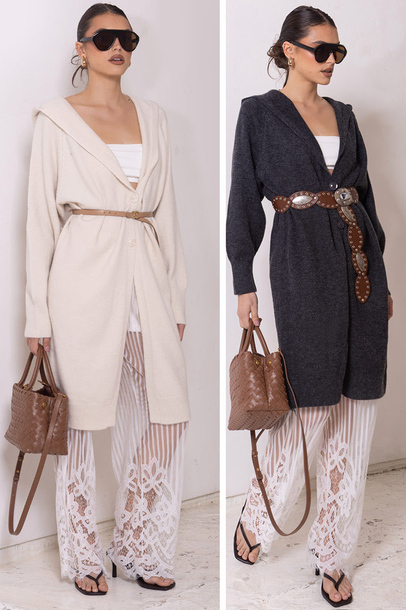 THE STEPH HOODED LONG CARDIGAN - Winter White
