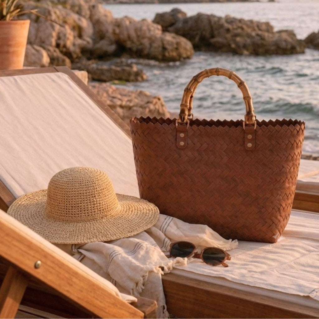 Woven Tote Bag with Bamboo Handles - Cognac