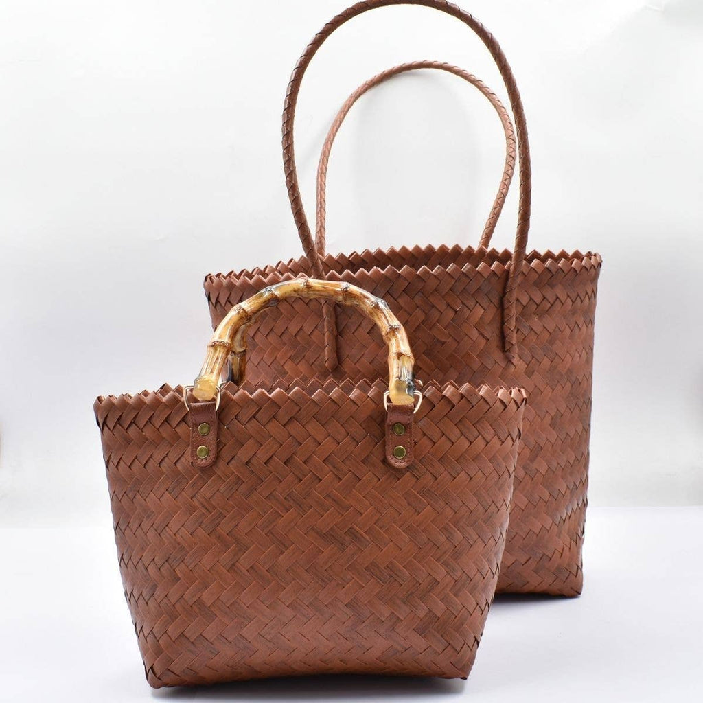 Woven Tote Bag with Bamboo Handles - Cognac