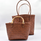 Woven Tote Bag with Bamboo Handles - Cognac