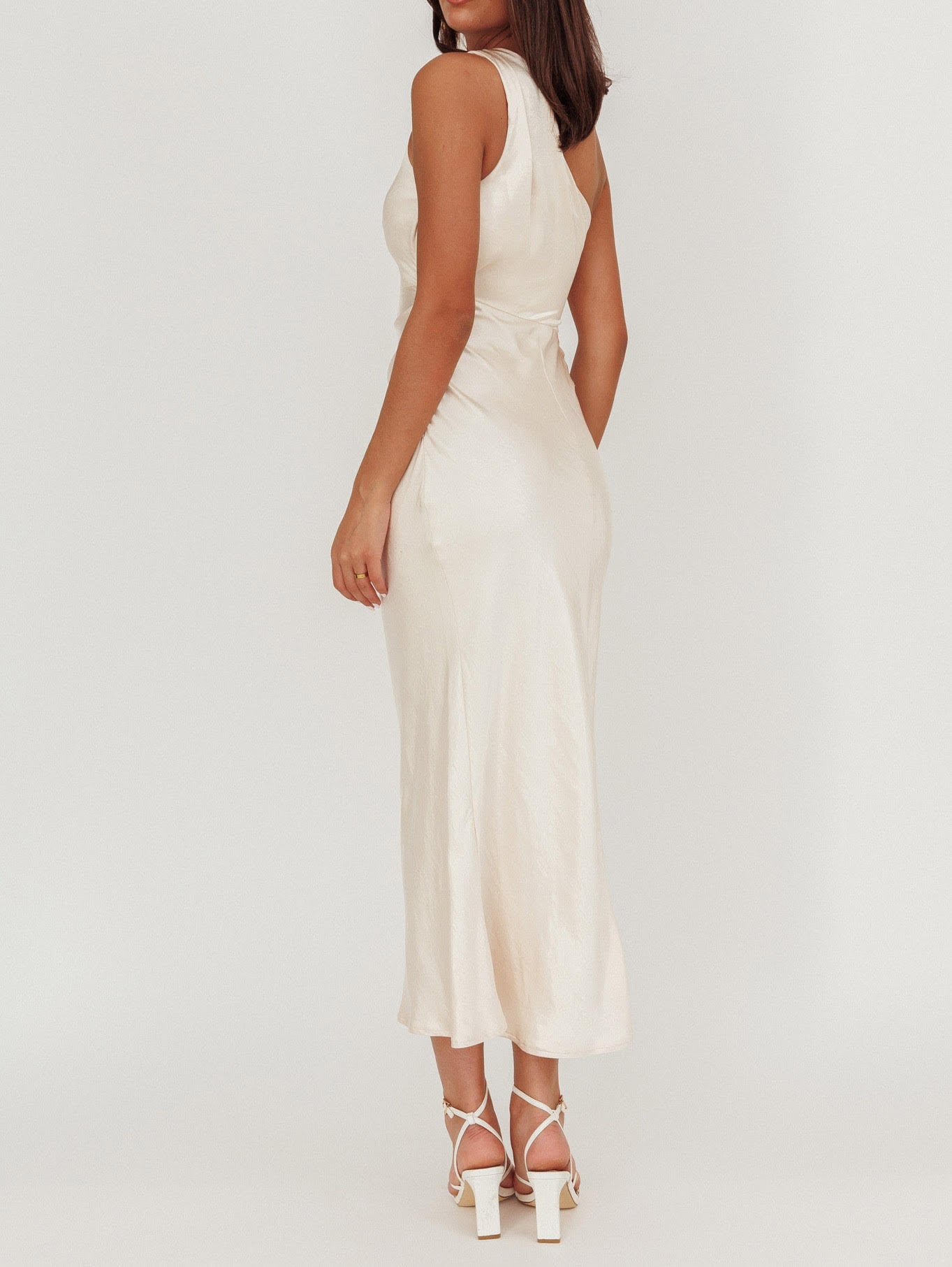 Champagne One-Shoulder Satin Midi Dress