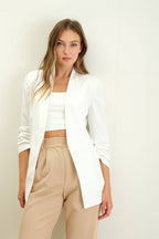 The Ashley Collarless 3/4 Ruched Sleeve Longline Blazer