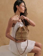 Paige Multiway Straw Bucket Bag in Tan