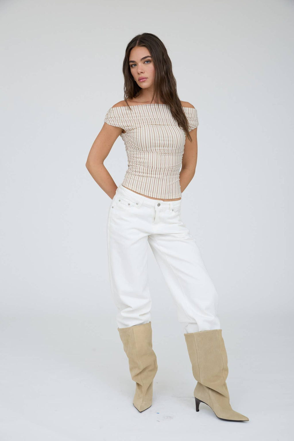 STRIPE OFF THE SHOULDER RUCHED DETAIL KNIT TOP