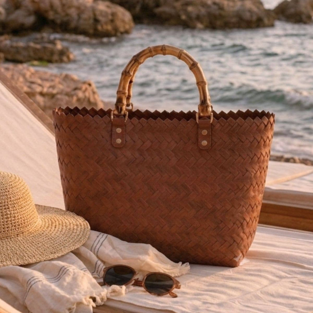Woven Tote Bag with Bamboo Handles - Cognac