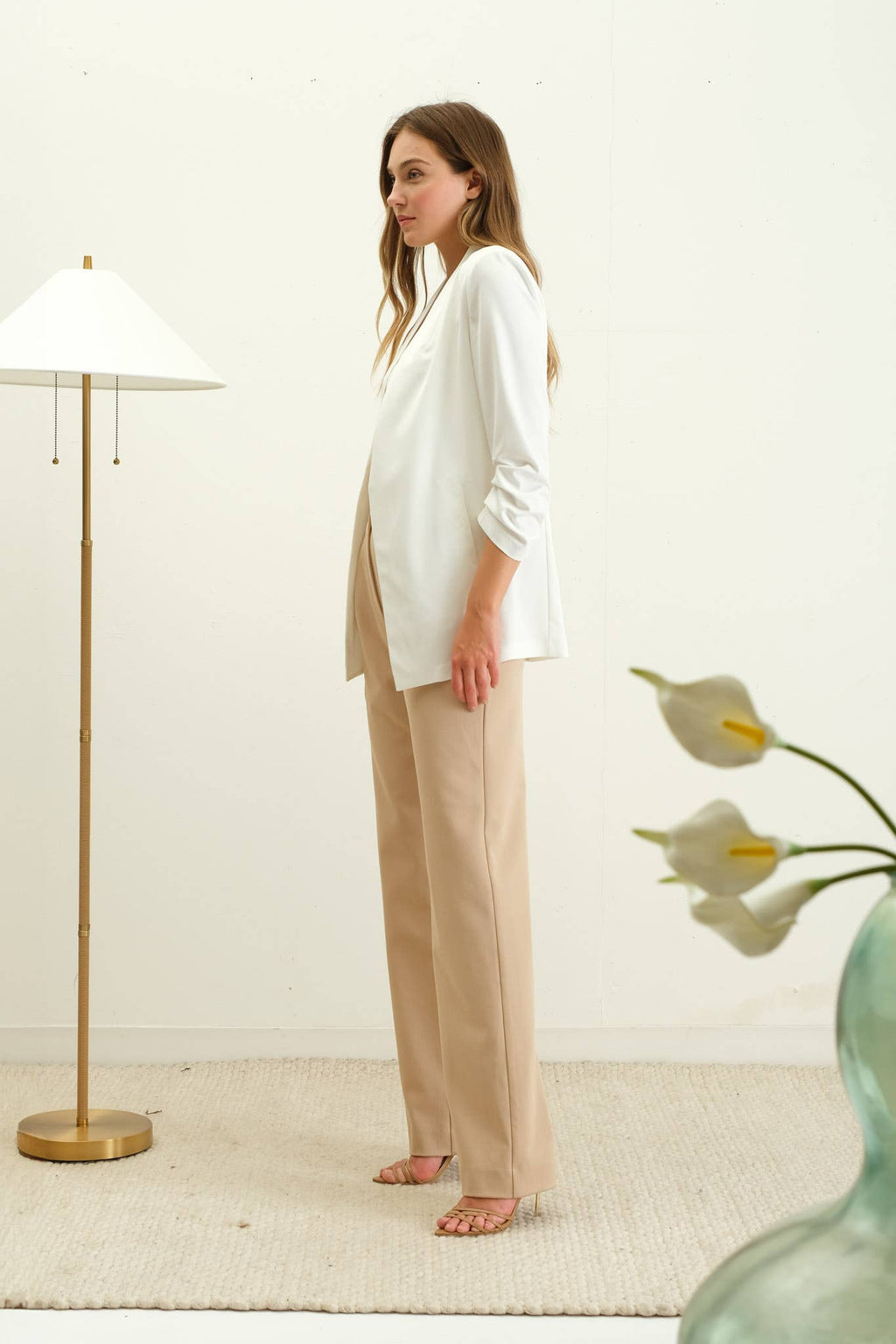 The Ashley Collarless 3/4 Ruched Sleeve Longline Blazer