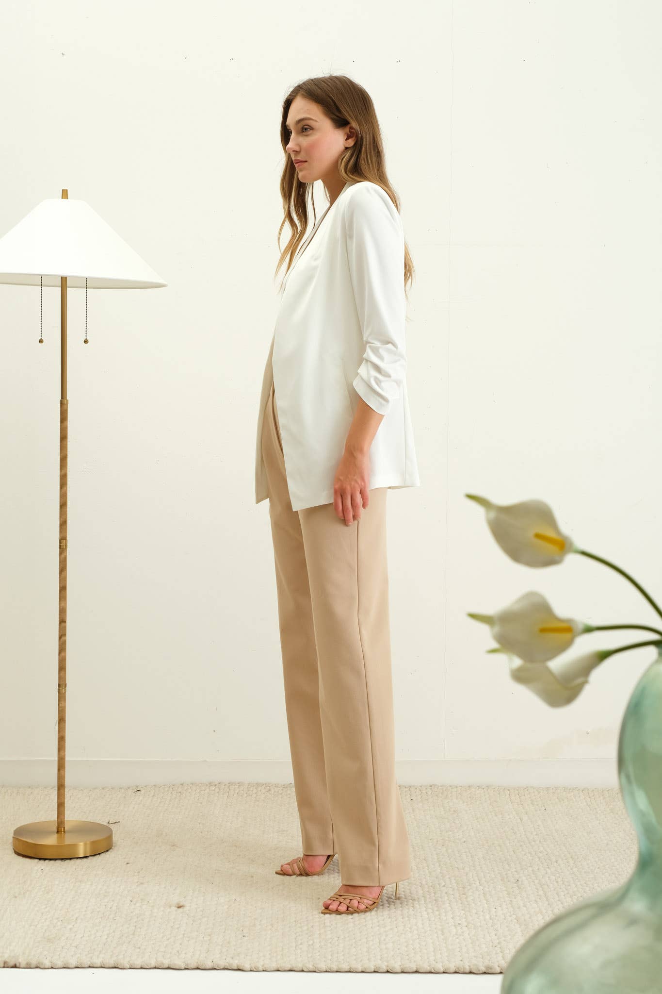 The Ashley Collarless 3/4 Ruched Sleeve Longline Blazer