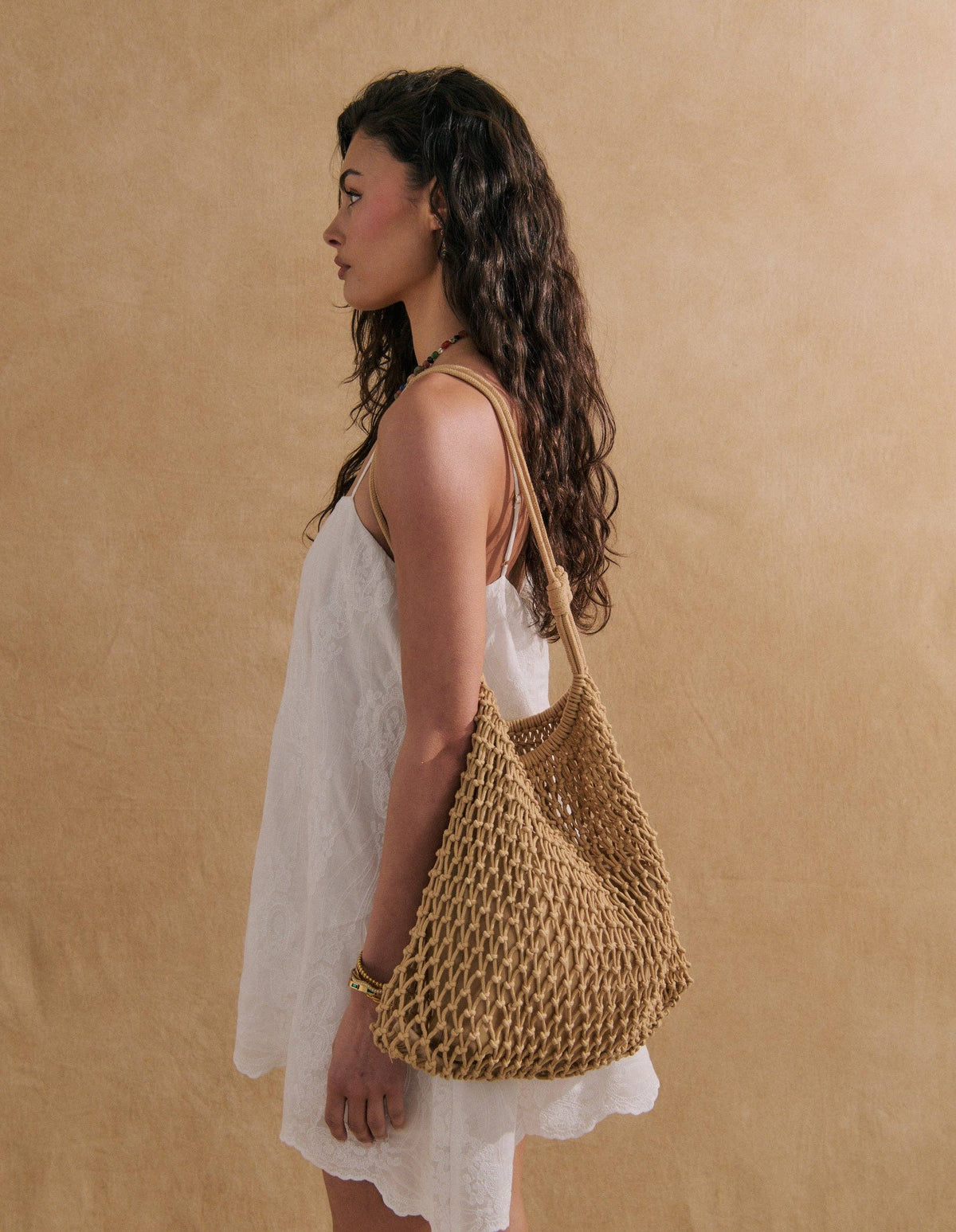 Marcie Knotted Net Shoulder Bag - Tan