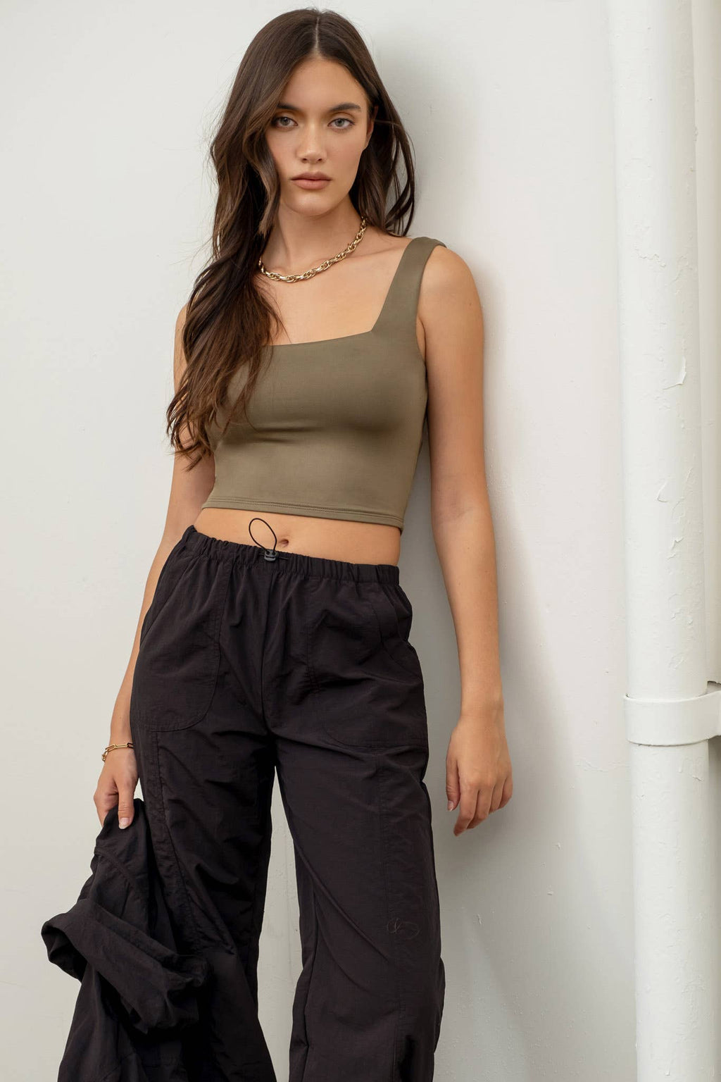 Cropped Square Neck Tank - Chocolate / Mocha / White