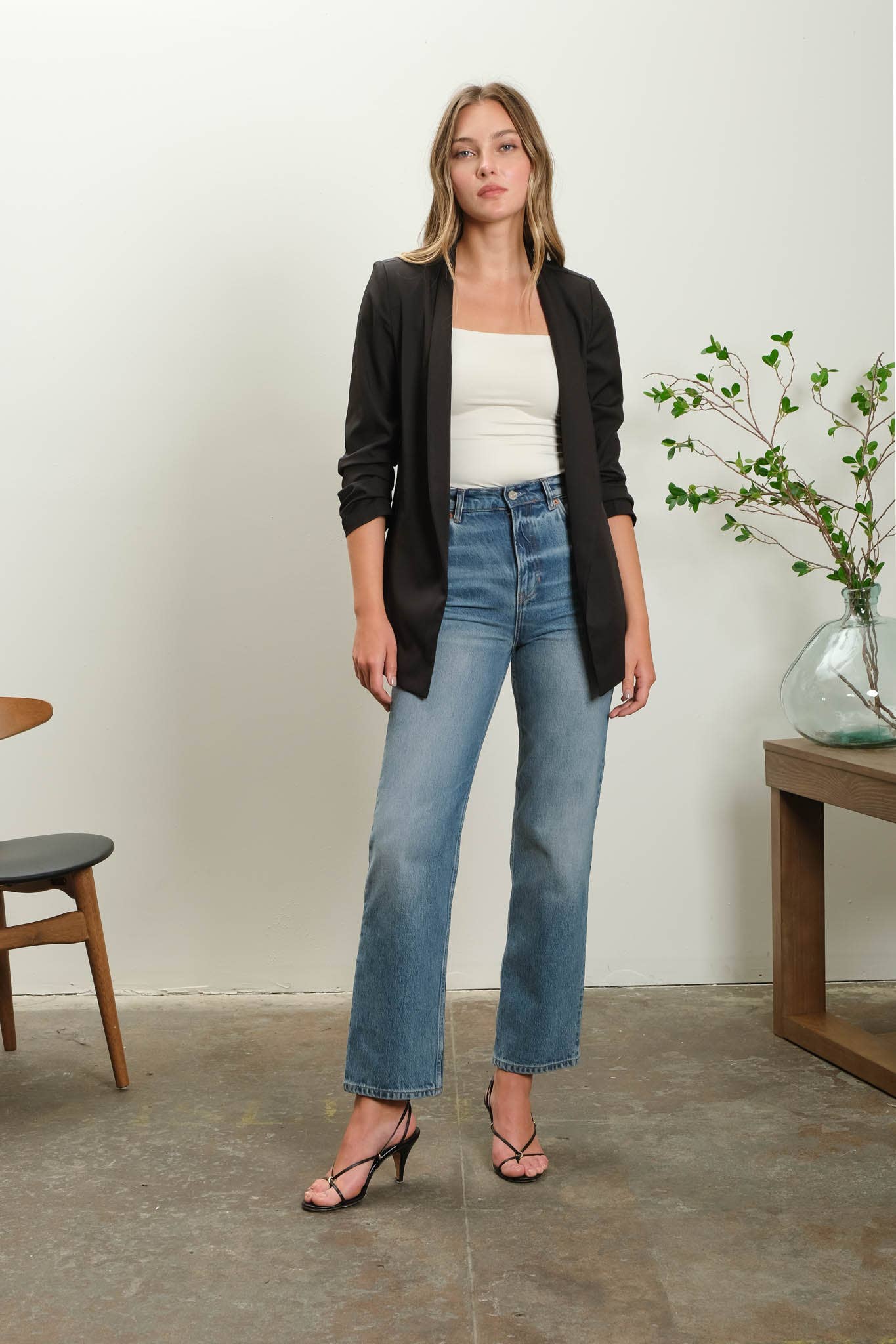 The Bailey Collarless 3/4 Ruched Sleeve Longline Blazer