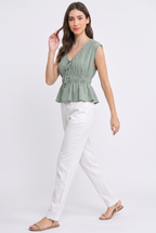 Sage Peplum Cap Sleeve Blouse