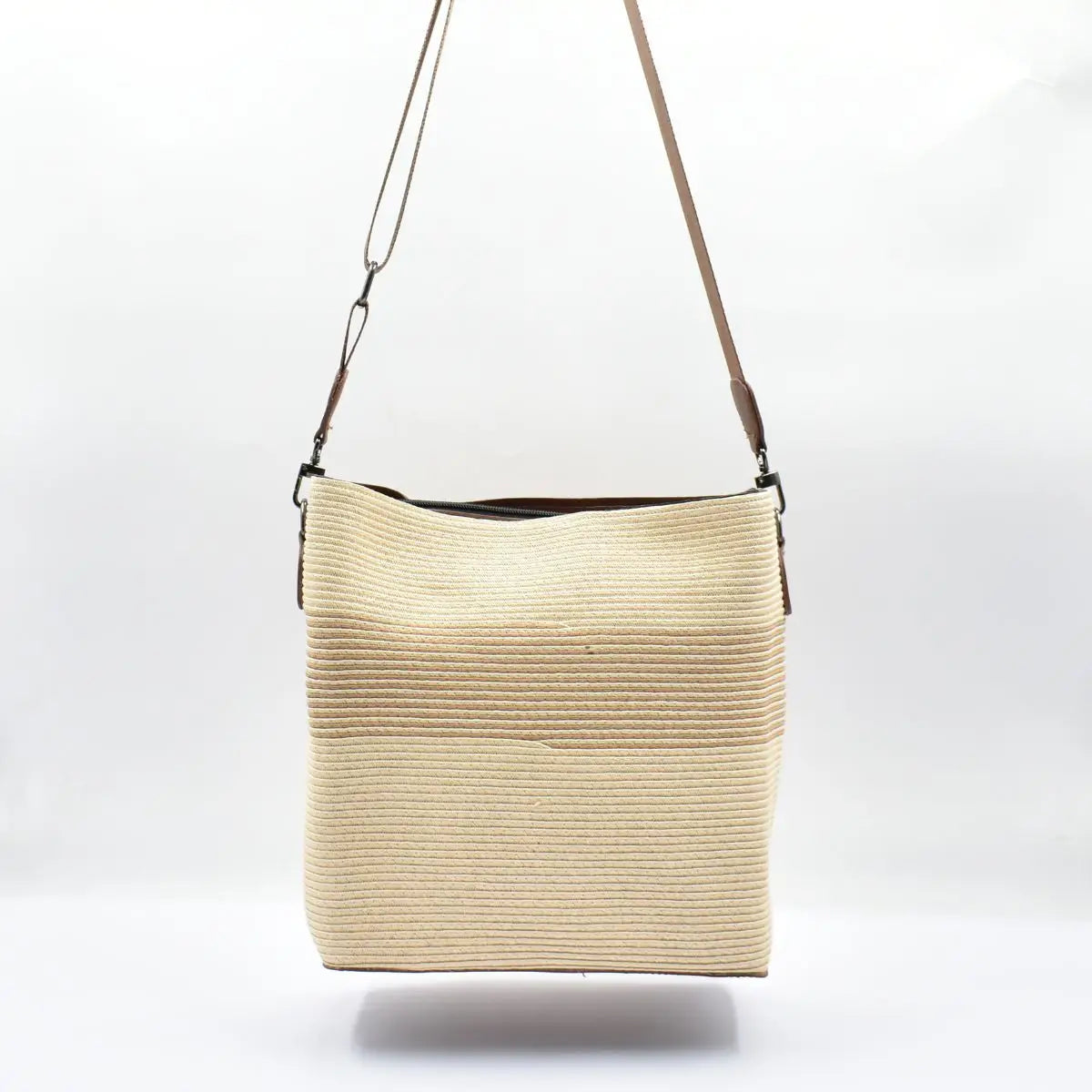 Striped Woven Tote Bag - Beige