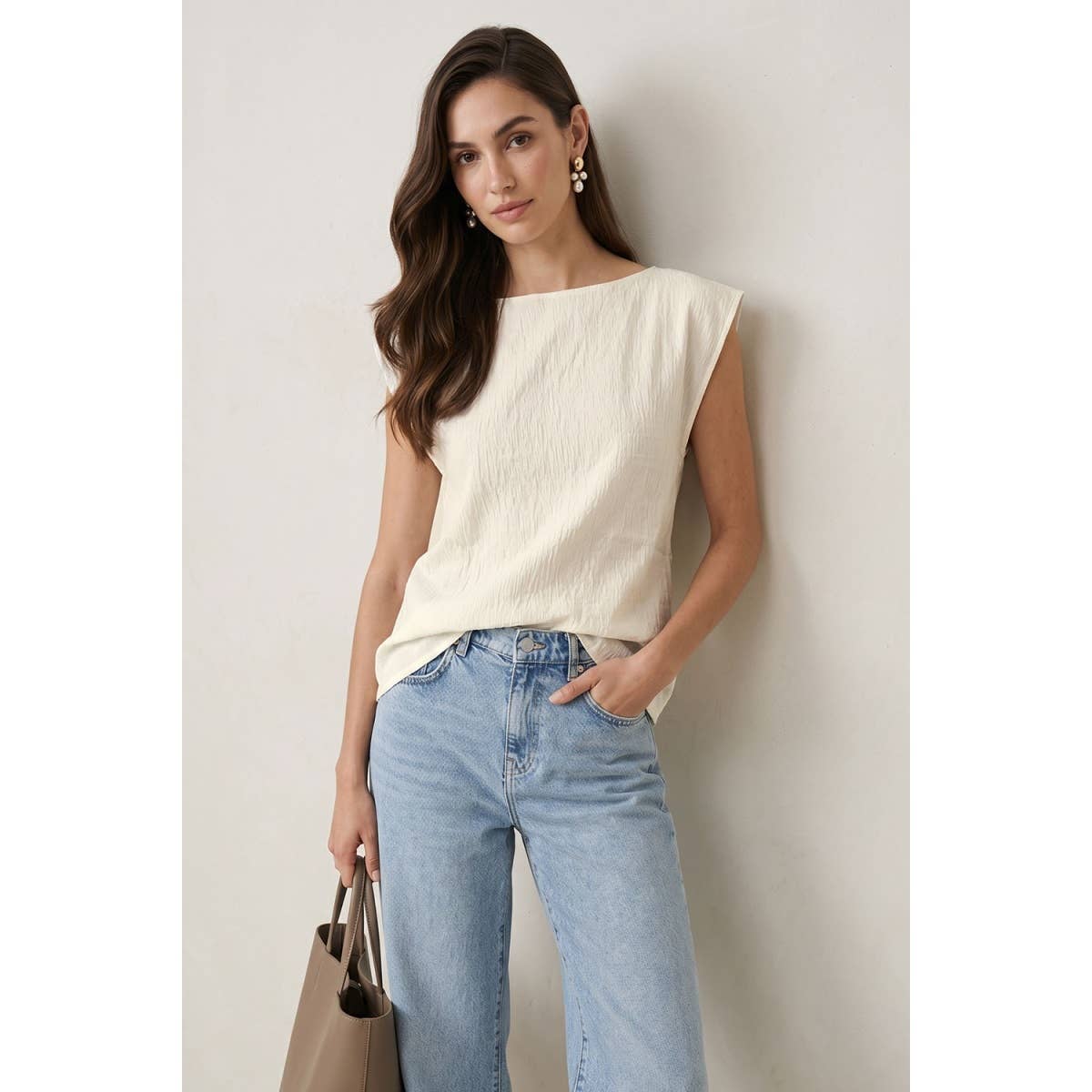 Textured Satin Cap Sleeve Blouse - Ivory
