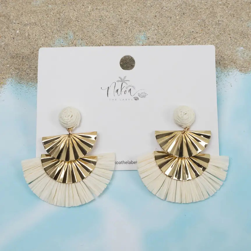 Geometric Gold & Raffia Earrings - Ivory