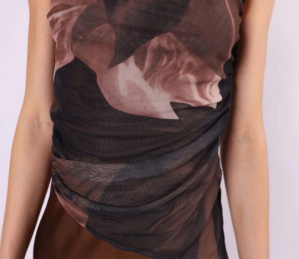 Romie Chocolate Abstract Mesh Sleeveless Top